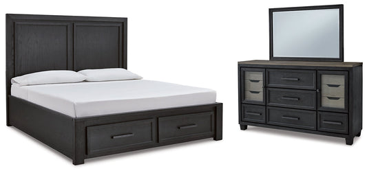 Foyland King Panel Storage Bed with Mirrored Dresser at Walker Mattress and Furniture Locations in Cedar Park and Belton TX.