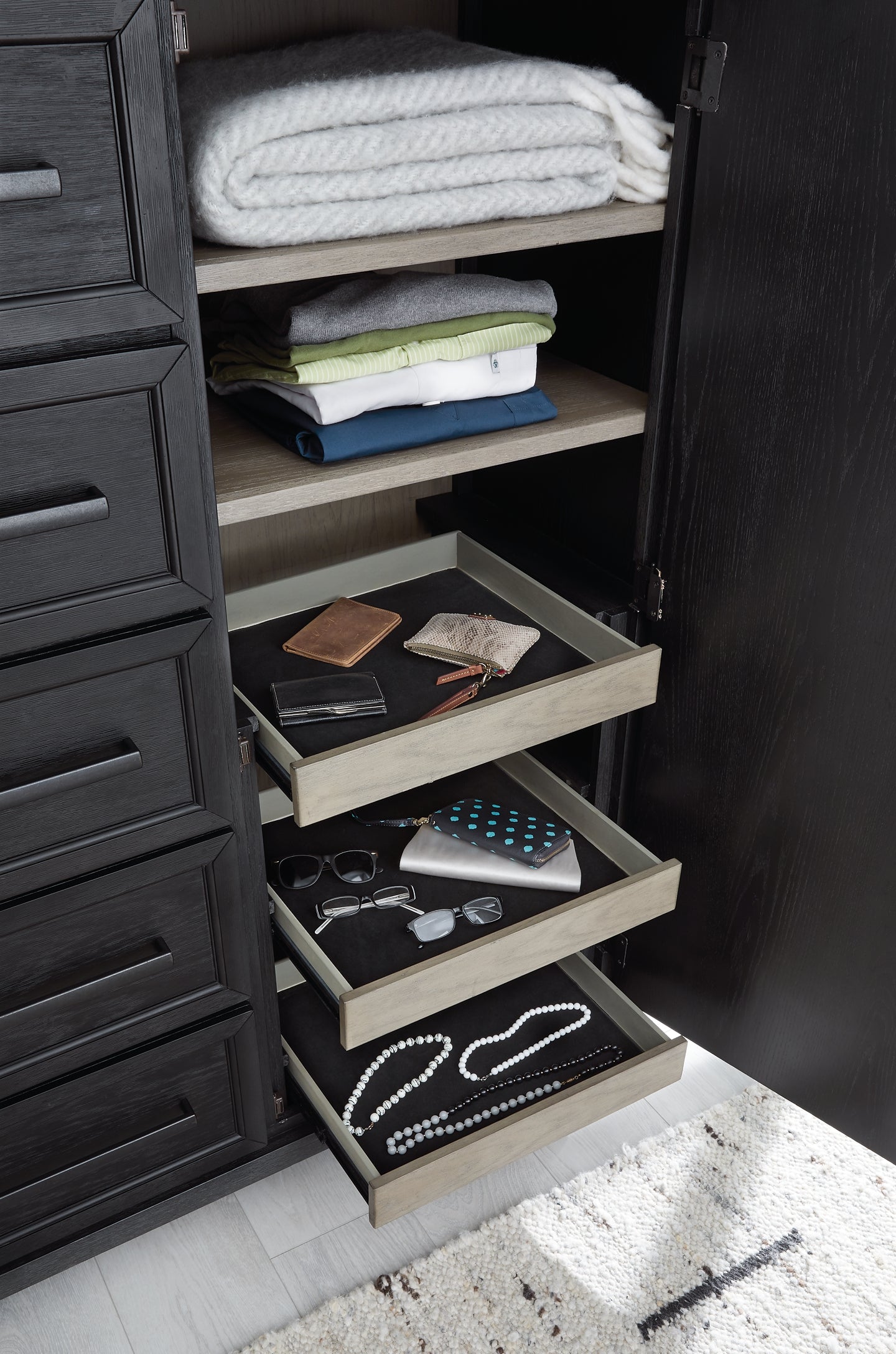 Foyland Queen Panel Storage Bed with Mirrored Dresser, Chest and Nightstand at Walker Mattress and Furniture Locations in Cedar Park and Belton TX.