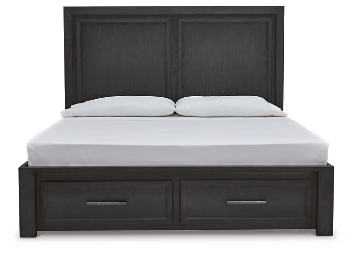 Foyland Queen Panel Storage Bed with Mirrored Dresser, Chest and Nightstand at Walker Mattress and Furniture Locations in Cedar Park and Belton TX.