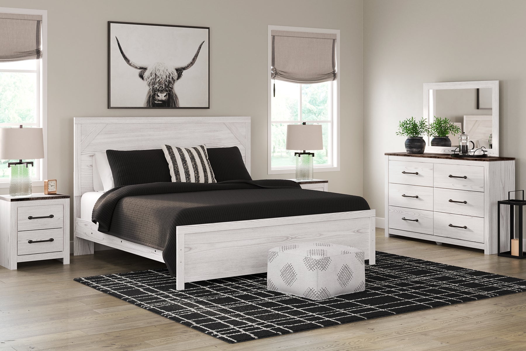 Gerridan King Panel Bed with Mirrored Dresser and Nightstand at Walker Mattress and Furniture Locations in Cedar Park and Belton TX.