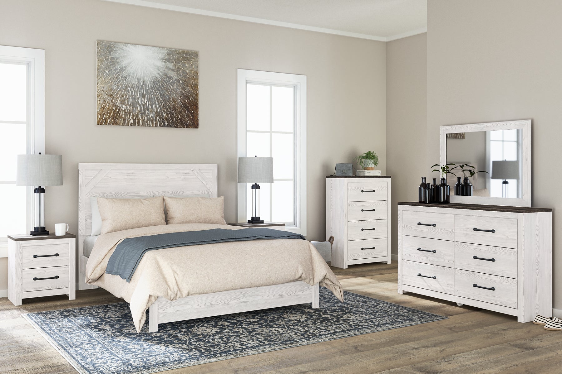 Gerridan Queen Panel Bed with Mirrored Dresser, Chest and Nightstand at Walker Mattress and Furniture Locations in Cedar Park and Belton TX.