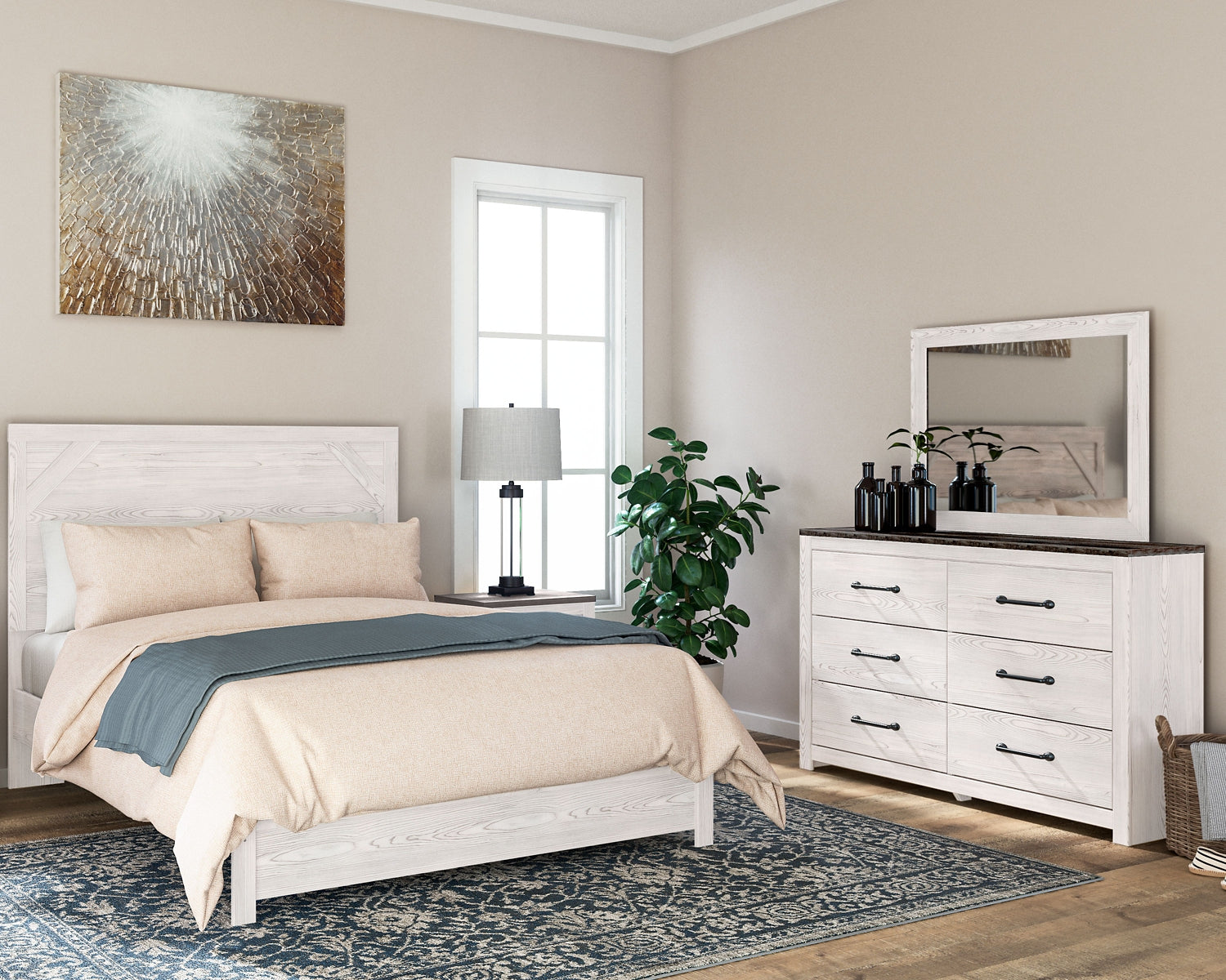 Gerridan Queen Panel Bed with Mirrored Dresser and Nightstand at Walker Mattress and Furniture Locations in Cedar Park and Belton TX.