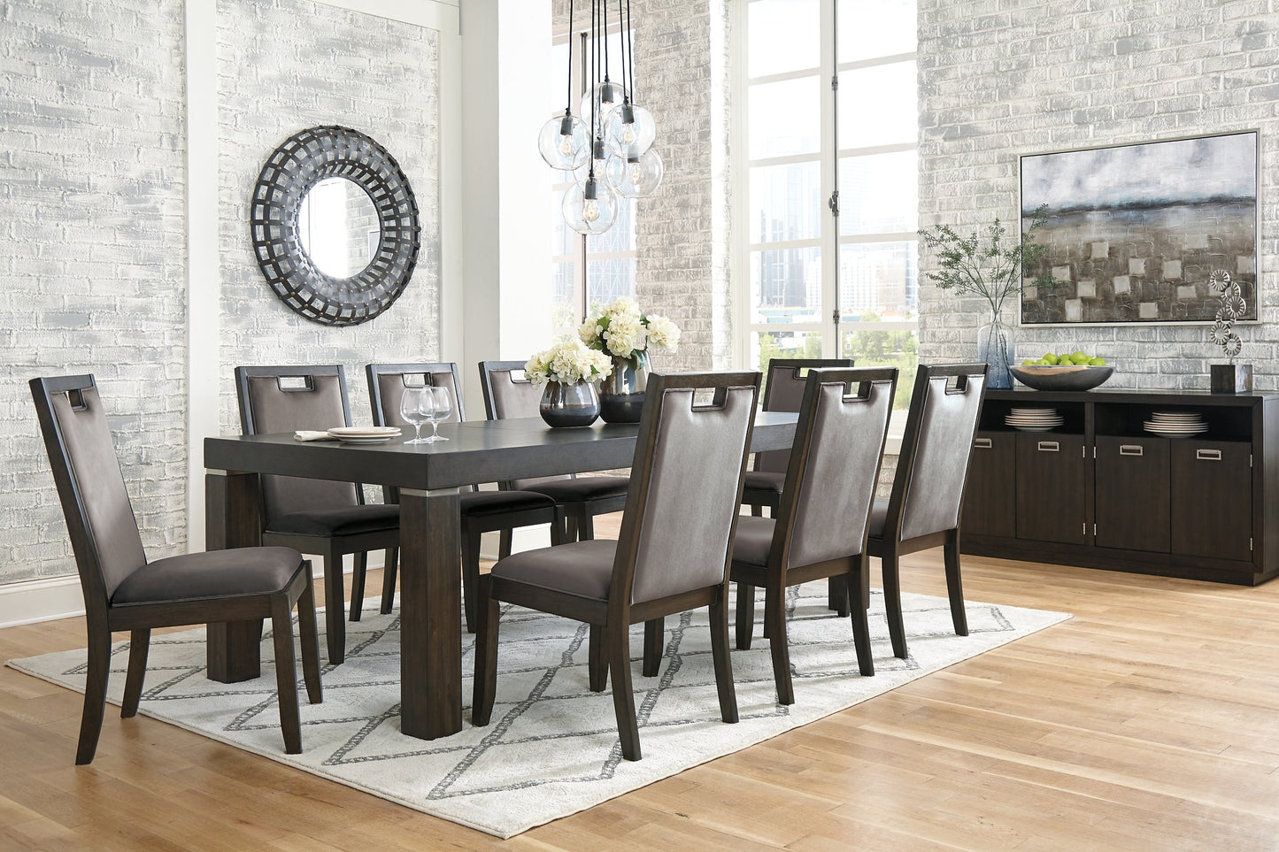 Hyndell Dining Table and 8 Chairs with Storage at Walker Mattress and Furniture Locations in Cedar Park and Belton TX.