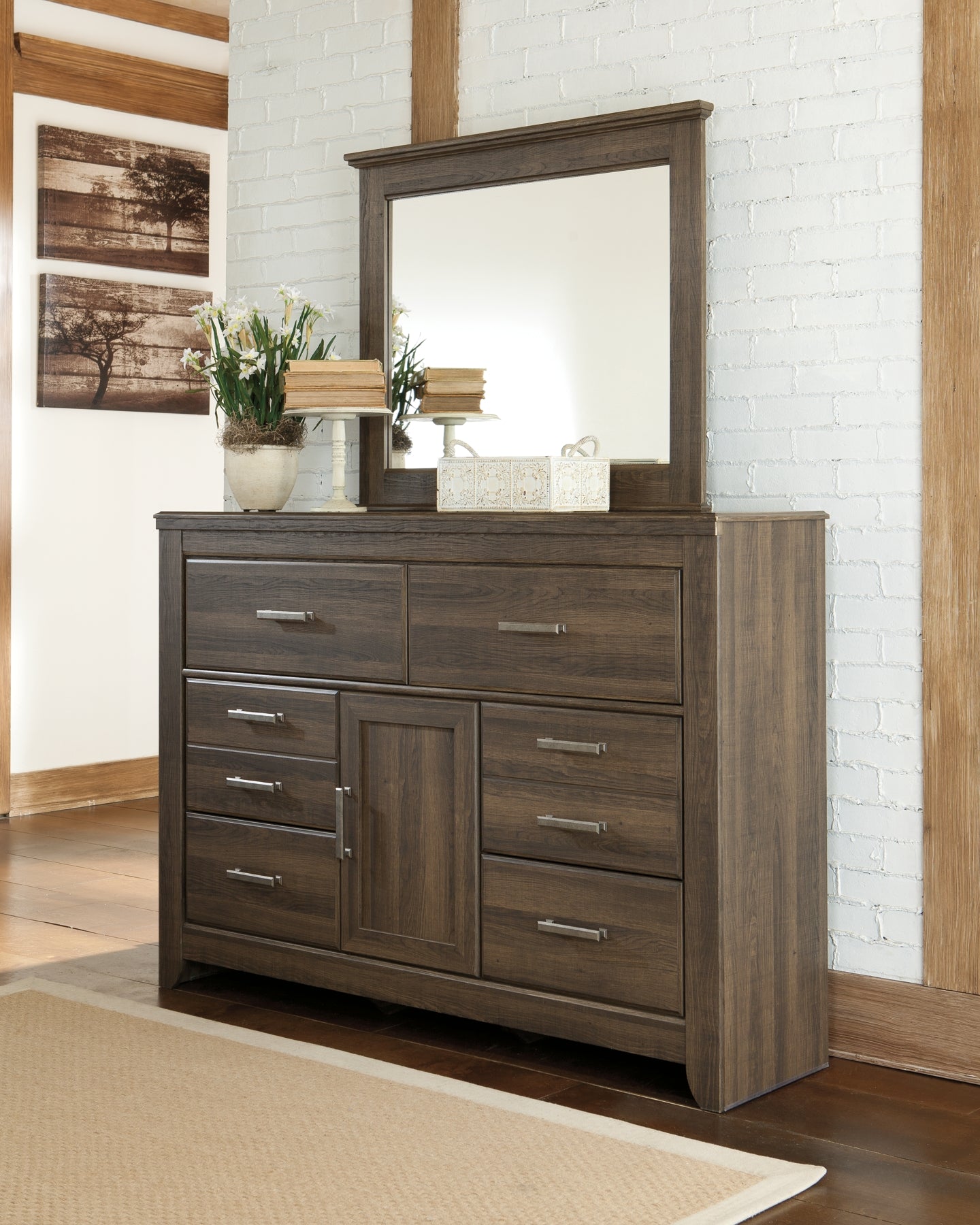 Juararo California King Panel Bed with Mirrored Dresser, Chest and 2 Nightstands at Walker Mattress and Furniture Locations in Cedar Park and Belton TX.