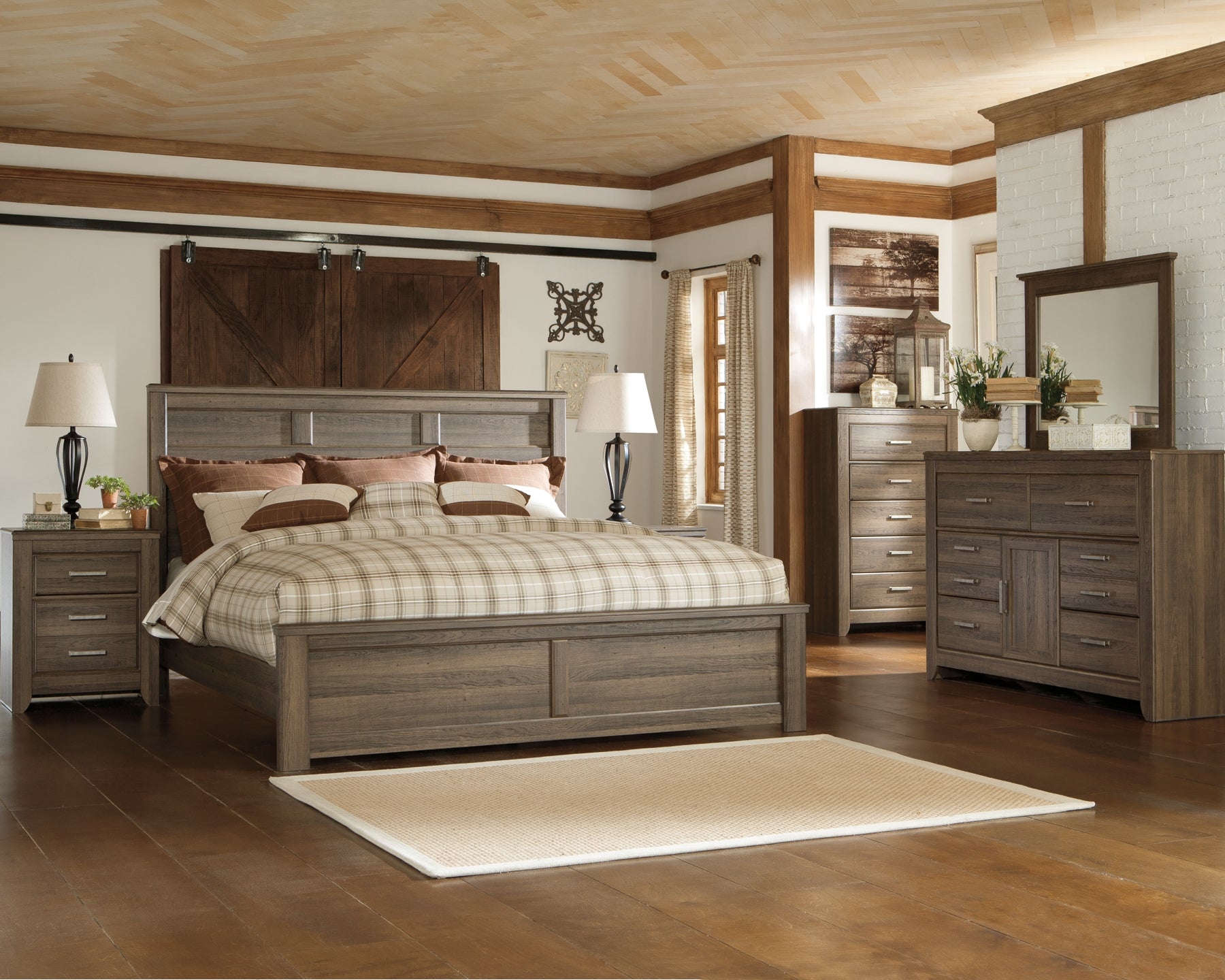 Juararo California King Panel Bed with Mirrored Dresser, Chest and 2 Nightstands at Walker Mattress and Furniture Locations in Cedar Park and Belton TX.