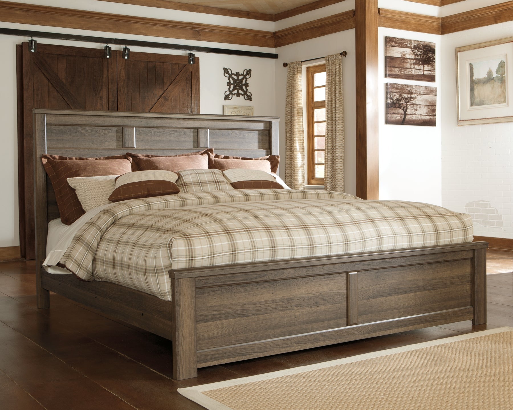 Juararo California King Panel Bed with Mirrored Dresser, Chest and 2 Nightstands at Walker Mattress and Furniture Locations in Cedar Park and Belton TX.