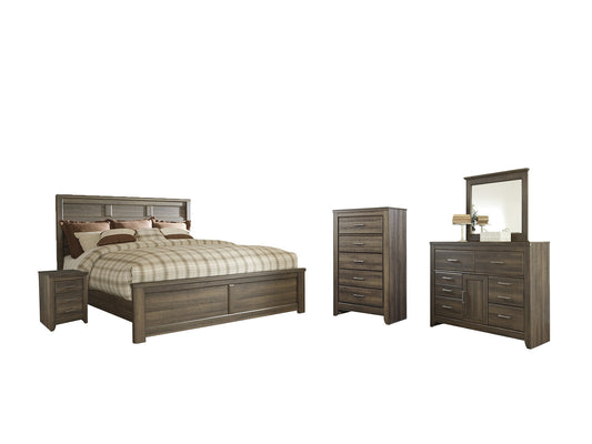 Juararo California King Panel Bed with Mirrored Dresser, Chest and Nightstand at Walker Mattress and Furniture Locations in Cedar Park and Belton TX.