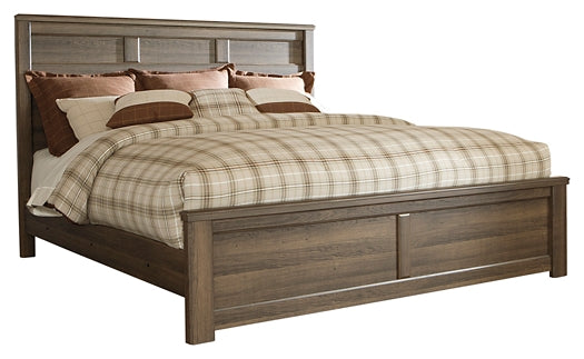 Juararo California King Panel Bed with Mirrored Dresser and 2 Nightstands at Walker Mattress and Furniture Locations in Cedar Park and Belton TX.