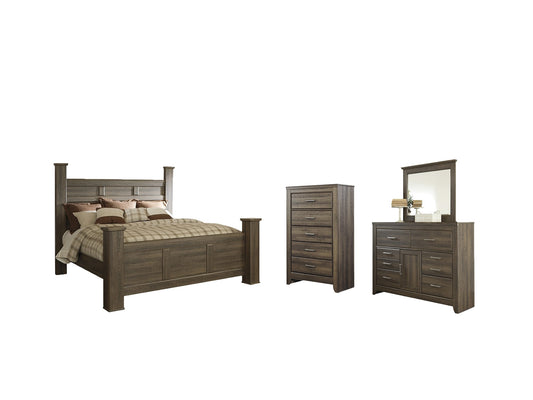 Juararo California King Poster Bed with Mirrored Dresser and Chest at Walker Mattress and Furniture Locations in Cedar Park and Belton TX.