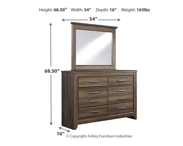 Juararo California King Poster Bed with Mirrored Dresser at Walker Mattress and Furniture Locations in Cedar Park and Belton TX.