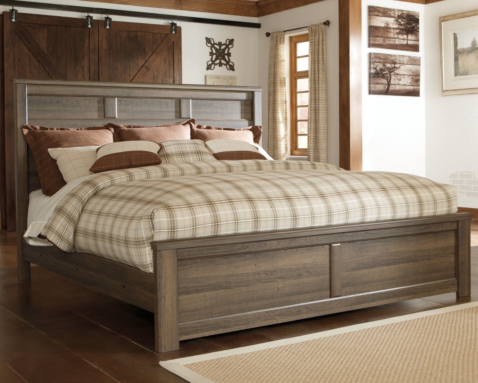 Juararo King Panel Bed with Mirrored Dresser and Chest at Walker Mattress and Furniture Locations in Cedar Park and Belton TX.