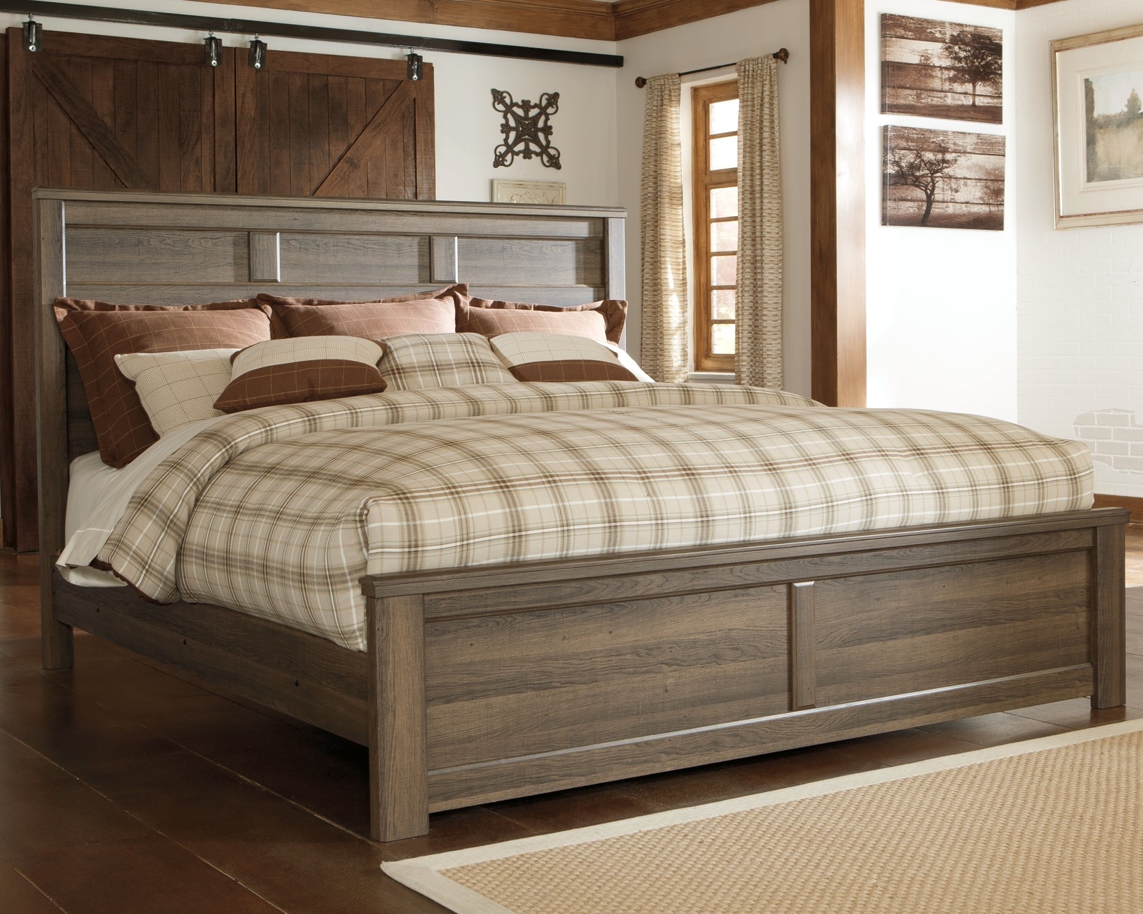 Juararo King Panel Bed with Mirrored Dresser at Walker Mattress and Furniture Locations in Cedar Park and Belton TX.