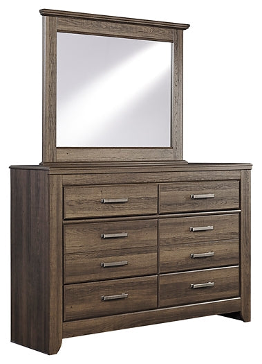 Juararo King Panel Bed with Mirrored Dresser at Walker Mattress and Furniture Locations in Cedar Park and Belton TX.