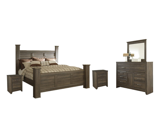 Juararo King Poster Bed with Mirrored Dresser and 2 Nightstands at Walker Mattress and Furniture Locations in Cedar Park and Belton TX.