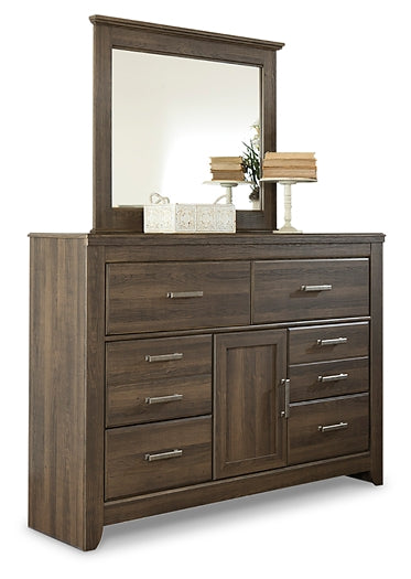 Juararo King Poster Bed with Mirrored Dresser and Nightstand at Walker Mattress and Furniture Locations in Cedar Park and Belton TX.