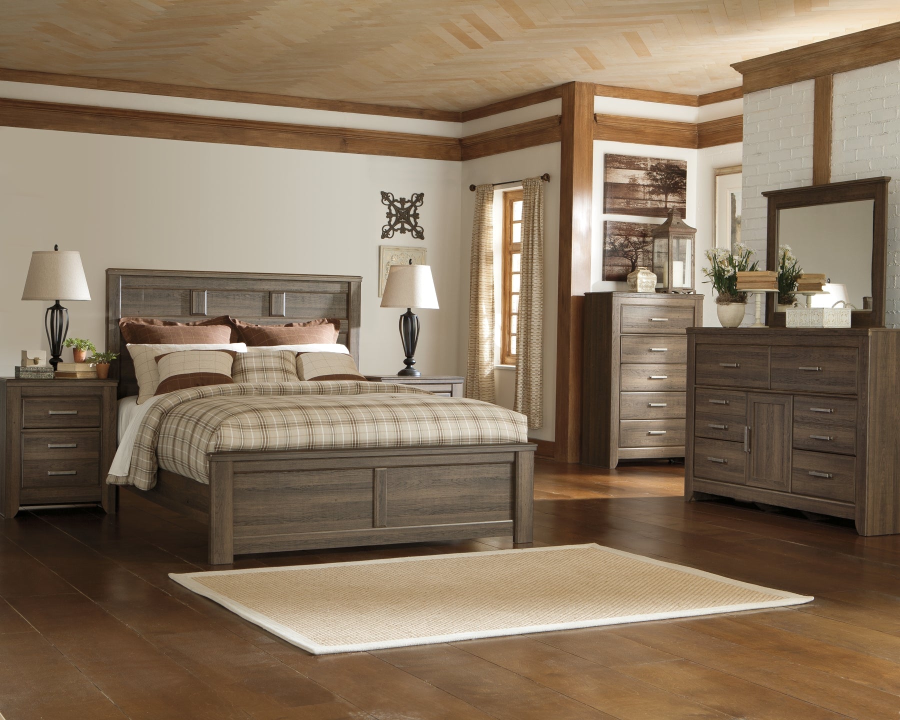 Juararo Queen Panel Bed with Mirrored Dresser, Chest and 2 Nightstands at Walker Mattress and Furniture Locations in Cedar Park and Belton TX.