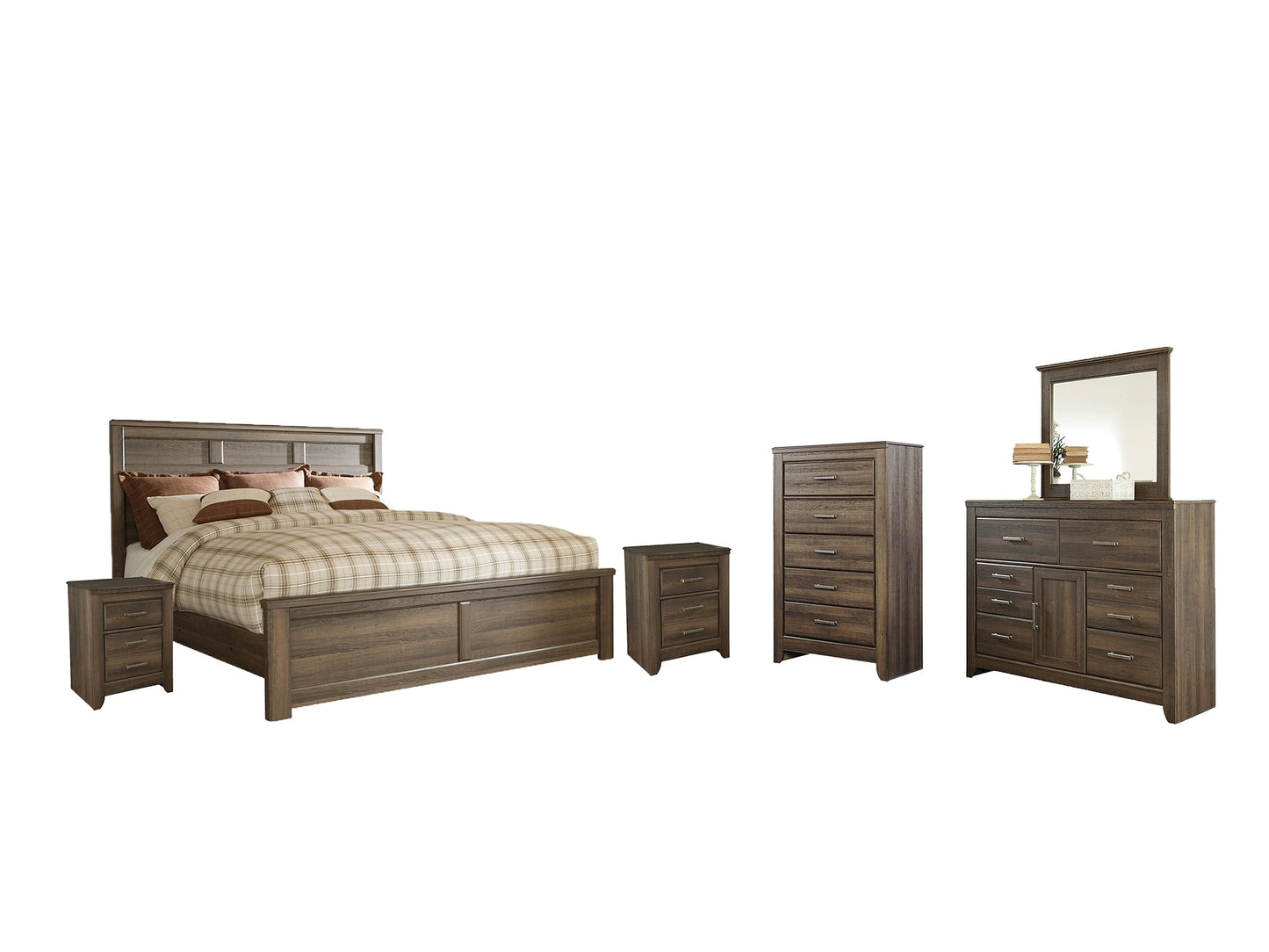 Juararo Queen Panel Bed with Mirrored Dresser, Chest and 2 Nightstands at Walker Mattress and Furniture Locations in Cedar Park and Belton TX.