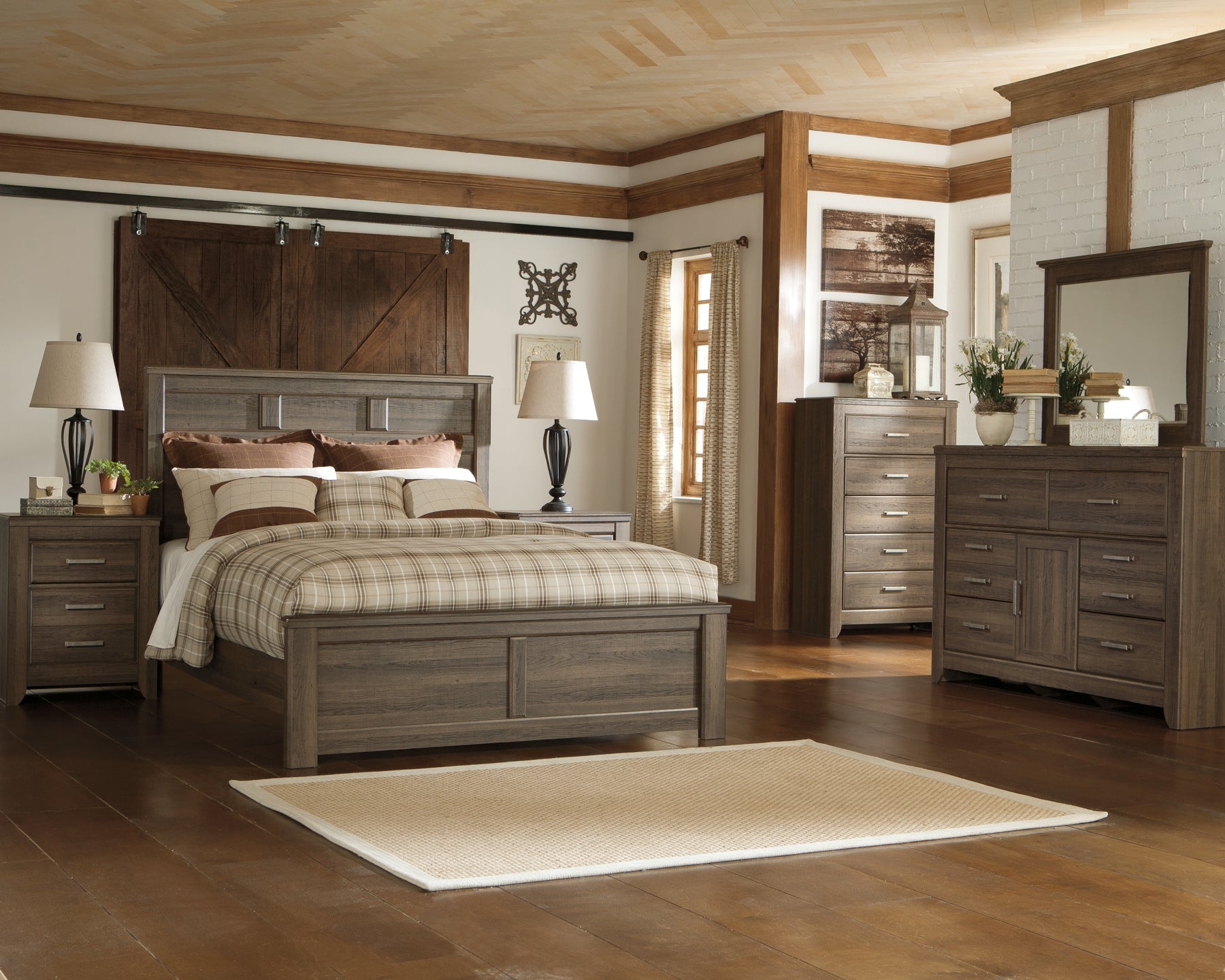 Juararo Queen Panel Bed with Mirrored Dresser and 2 Nightstands at Walker Mattress and Furniture Locations in Cedar Park and Belton TX.