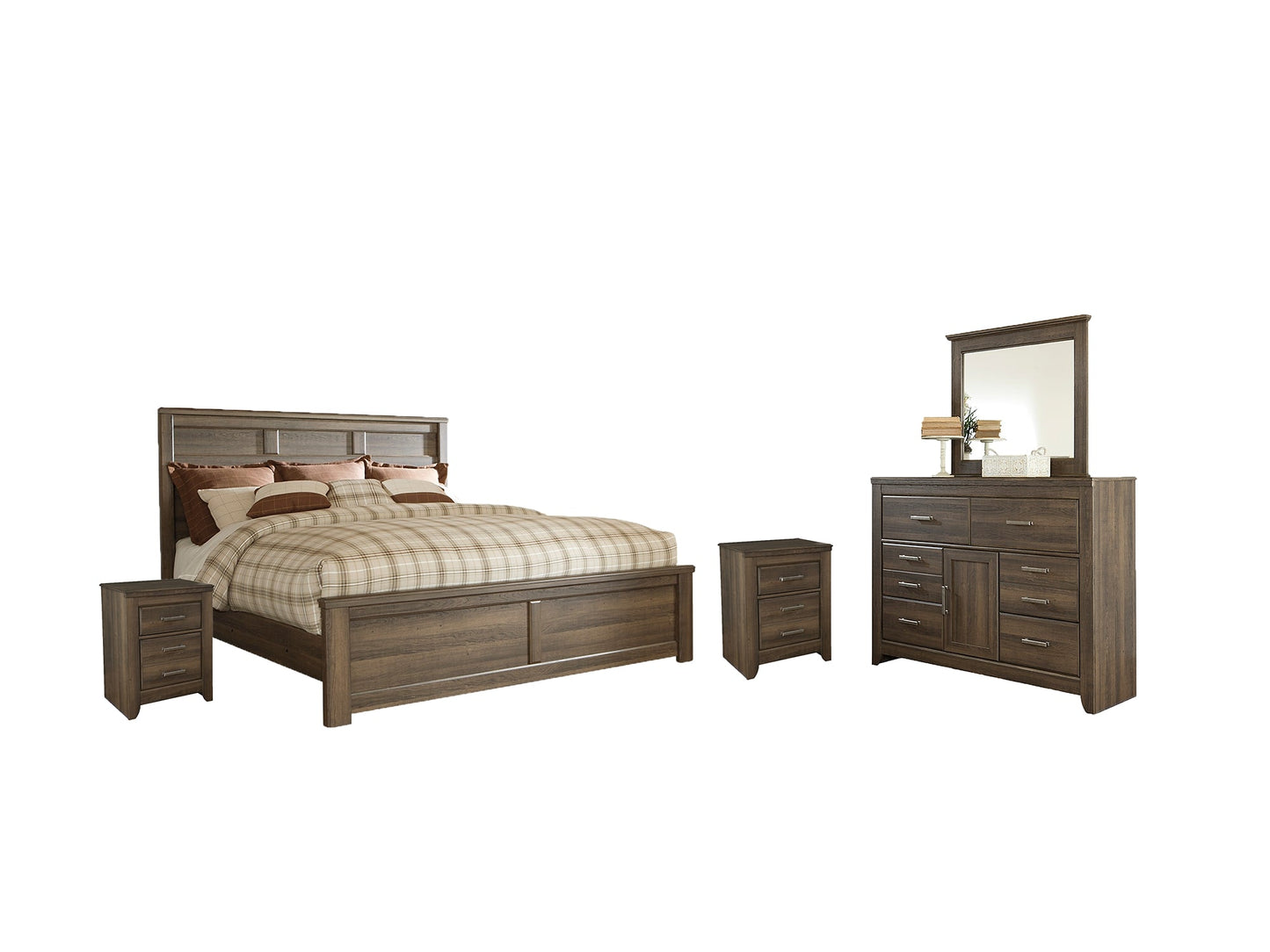 Juararo Queen Panel Bed with Mirrored Dresser and 2 Nightstands at Walker Mattress and Furniture Locations in Cedar Park and Belton TX.