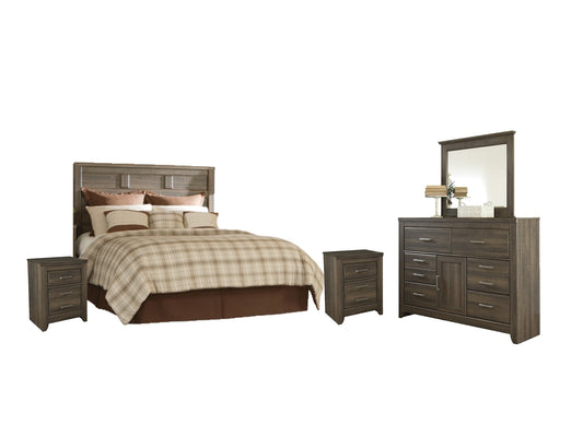 Juararo Queen Panel Headboard with Mirrored Dresser and 2 Nightstands at Walker Mattress and Furniture Locations in Cedar Park and Belton TX.