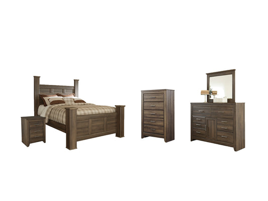 Juararo Queen Poster Bed with Mirrored Dresser, Chest and Nightstand at Walker Mattress and Furniture Locations in Cedar Park and Belton TX.