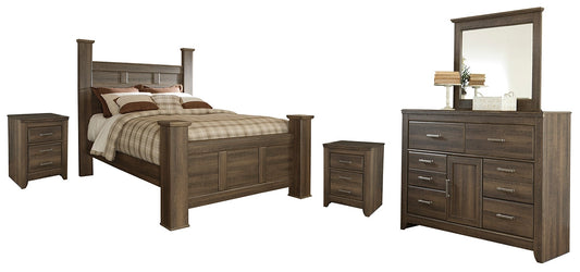 Juararo Queen Poster Bed with Mirrored Dresser and 2 Nightstands at Walker Mattress and Furniture Locations in Cedar Park and Belton TX.