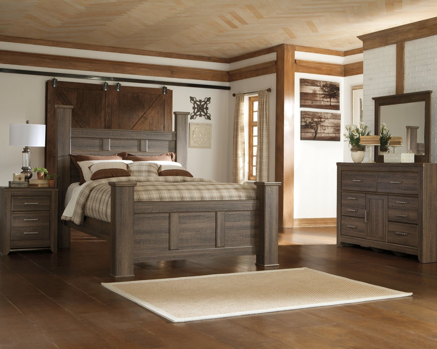 Juararo Queen Poster Bed with Mirrored Dresser and Chest at Walker Mattress and Furniture Locations in Cedar Park and Belton TX.