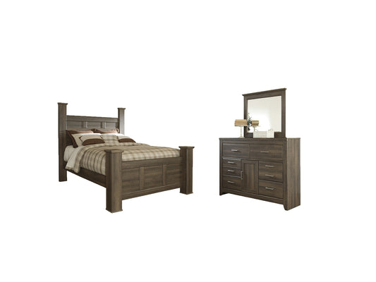 Juararo Queen Poster Bed with Mirrored Dresser at Walker Mattress and Furniture Locations in Cedar Park and Belton TX.