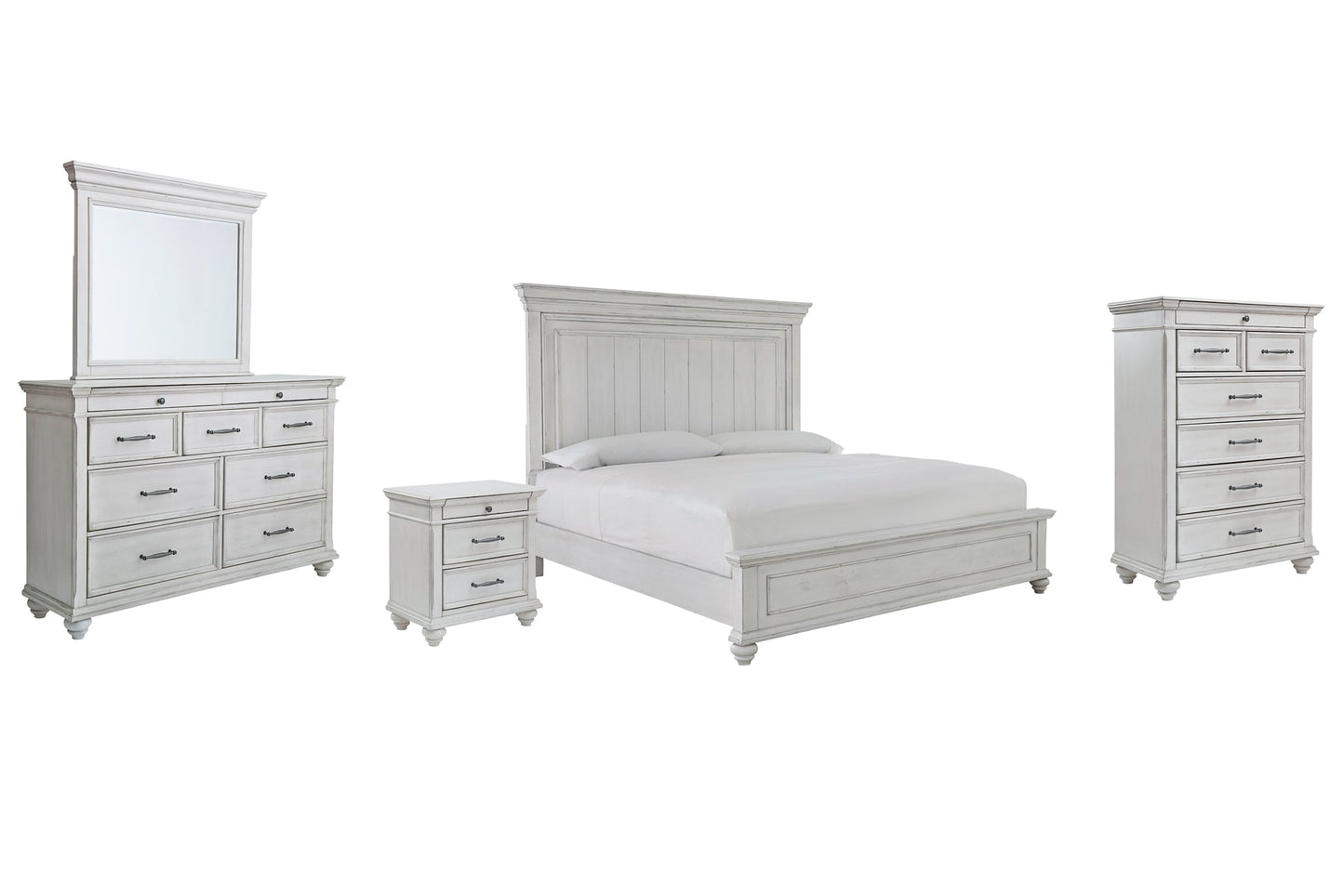 Kanwyn King Panel Bed with Mirrored Dresser, Chest and Nightstand at Walker Mattress and Furniture Locations in Cedar Park and Belton TX.