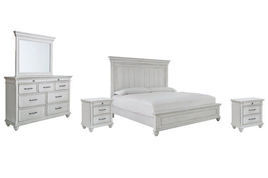 Kanwyn King Panel Bed with Mirrored Dresser and 2 Nightstands at Walker Mattress and Furniture Locations in Cedar Park and Belton TX.