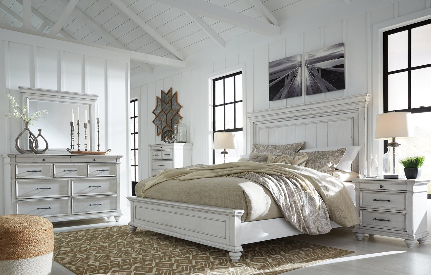 Kanwyn King Panel Bed with Mirrored Dresser and Chest at Walker Mattress and Furniture Locations in Cedar Park and Belton TX.