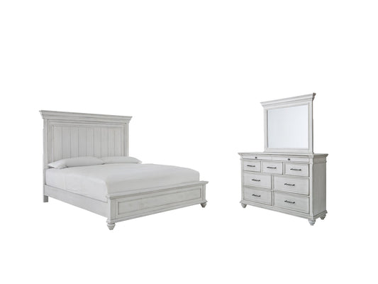 Kanwyn King Panel Bed with Mirrored Dresser at Walker Mattress and Furniture Locations in Cedar Park and Belton TX.