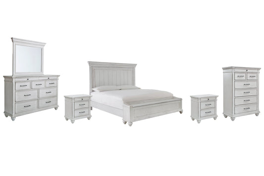 Kanwyn King Panel Bed with Storage with Mirrored Dresser, Chest and 2 Nightstands at Walker Mattress and Furniture Locations in Cedar Park and Belton TX.