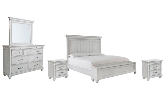 Kanwyn King Panel Bed with Storage with Mirrored Dresser and 2 Nightstands at Walker Mattress and Furniture Locations in Cedar Park and Belton TX.