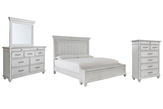 Kanwyn King Panel Bed with Storage with Mirrored Dresser and Chest at Walker Mattress and Furniture Locations in Cedar Park and Belton TX.