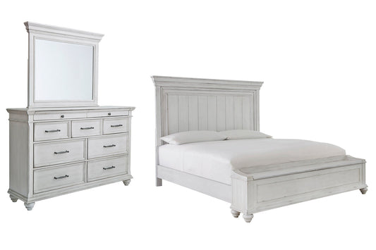 Kanwyn King Panel Bed with Storage with Mirrored Dresser at Walker Mattress and Furniture Locations in Cedar Park and Belton TX.