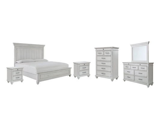 Kanwyn Queen Panel Bed with Mirrored Dresser, Chest and 2 Nightstands at Walker Mattress and Furniture Locations in Cedar Park and Belton TX.