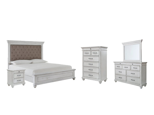 Kanwyn Queen Panel Bed with Mirrored Dresser, Chest and Nightstand at Walker Mattress and Furniture Locations in Cedar Park and Belton TX.