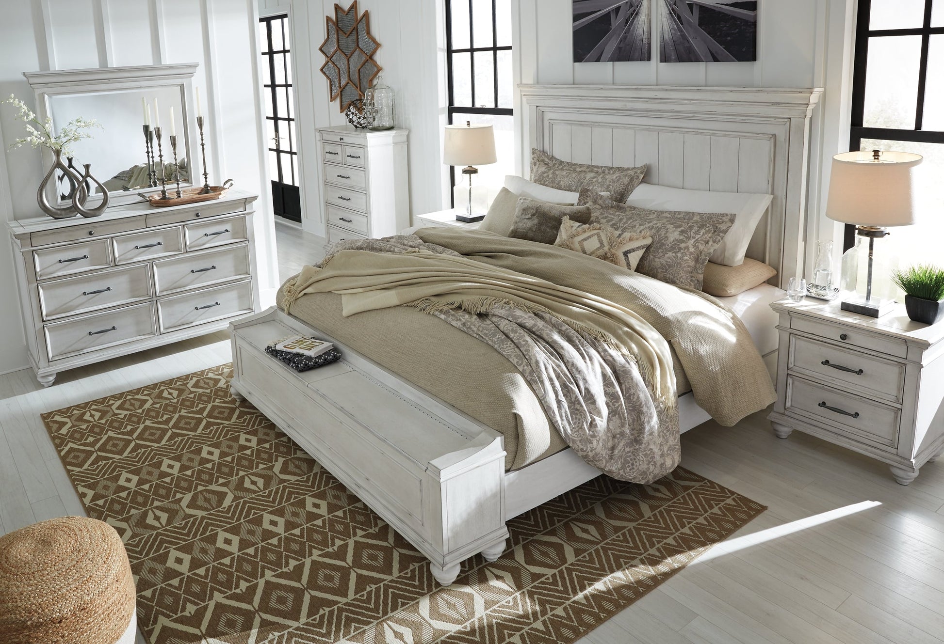 Kanwyn Queen Panel Bed with Storage with Mirrored Dresser, Chest and 2 Nightstands at Walker Mattress and Furniture Locations in Cedar Park and Belton TX.