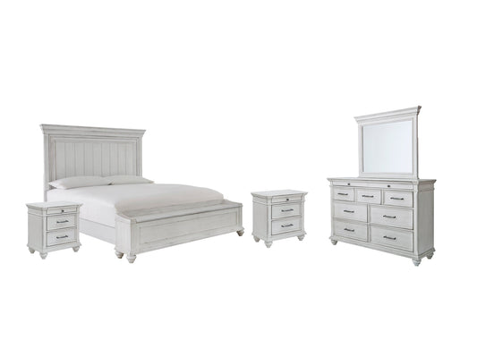 Kanwyn Queen Panel Bed with Storage with Mirrored Dresser and 2 Nightstands at Walker Mattress and Furniture Locations in Cedar Park and Belton TX.