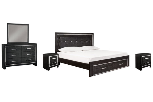 Kaydell King Panel Bed with Storage with Mirrored Dresser and 2 Nightstands at Walker Mattress and Furniture Locations in Cedar Park and Belton TX.