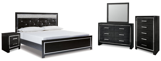 Kaydell King Upholstered Panel Bed with Mirrored Dresser, Chest and Nightstand at Walker Mattress and Furniture Locations in Cedar Park and Belton TX.