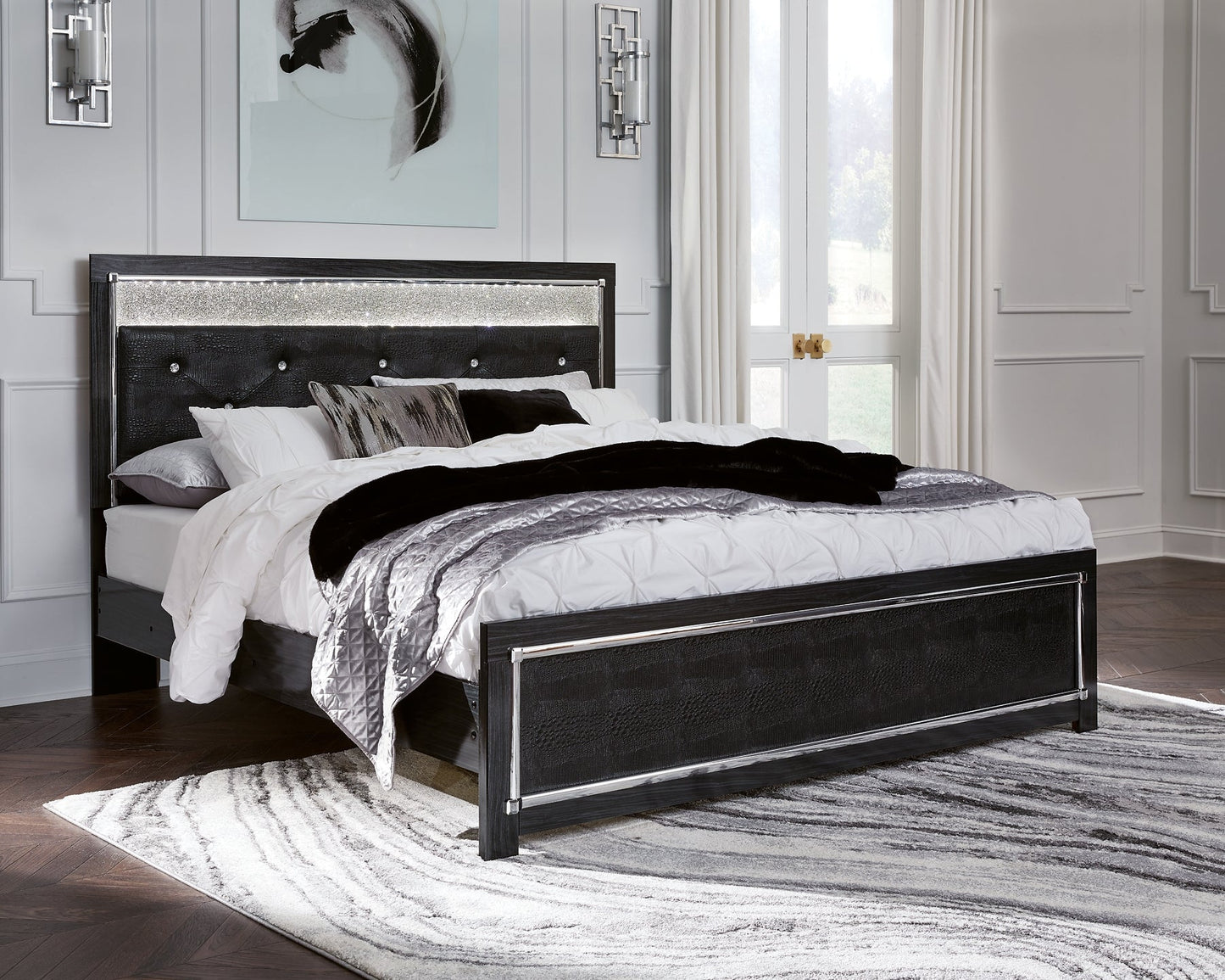 Kaydell King Upholstered Panel Bed with Mirrored Dresser and 2 Nightstands at Walker Mattress and Furniture Locations in Cedar Park and Belton TX.