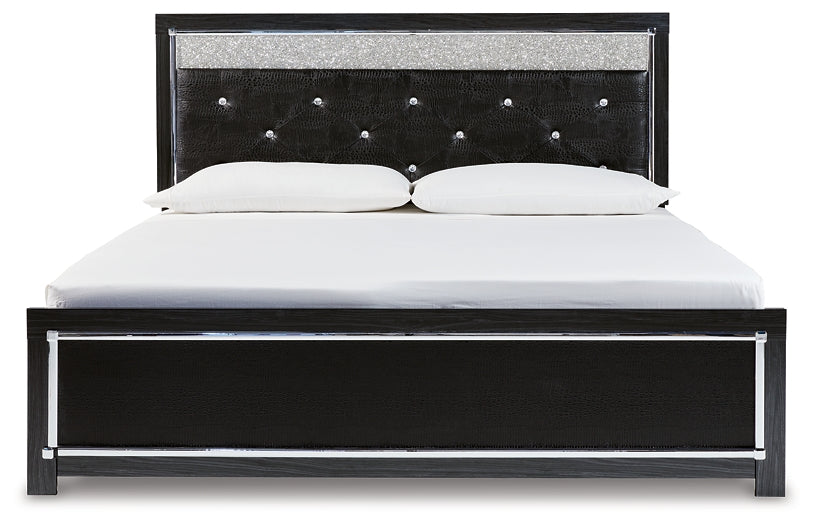 Kaydell King Upholstered Panel Bed with Mirrored Dresser and 2 Nightstands at Walker Mattress and Furniture Locations in Cedar Park and Belton TX.