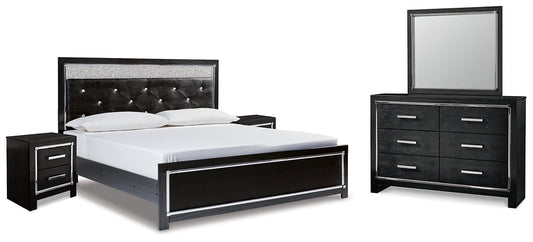 Kaydell King Upholstered Panel Bed with Mirrored Dresser and 2 Nightstands at Walker Mattress and Furniture Locations in Cedar Park and Belton TX.