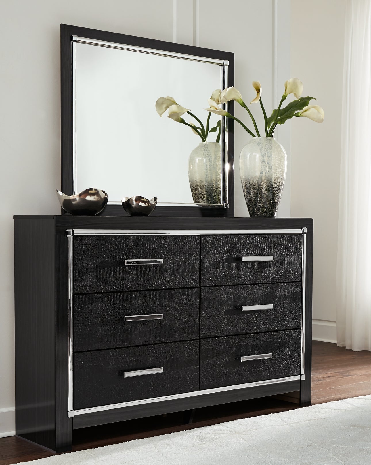 Kaydell King Upholstered Panel Headboard with Mirrored Dresser, Chest and Nightstand at Walker Mattress and Furniture Locations in Cedar Park and Belton TX.