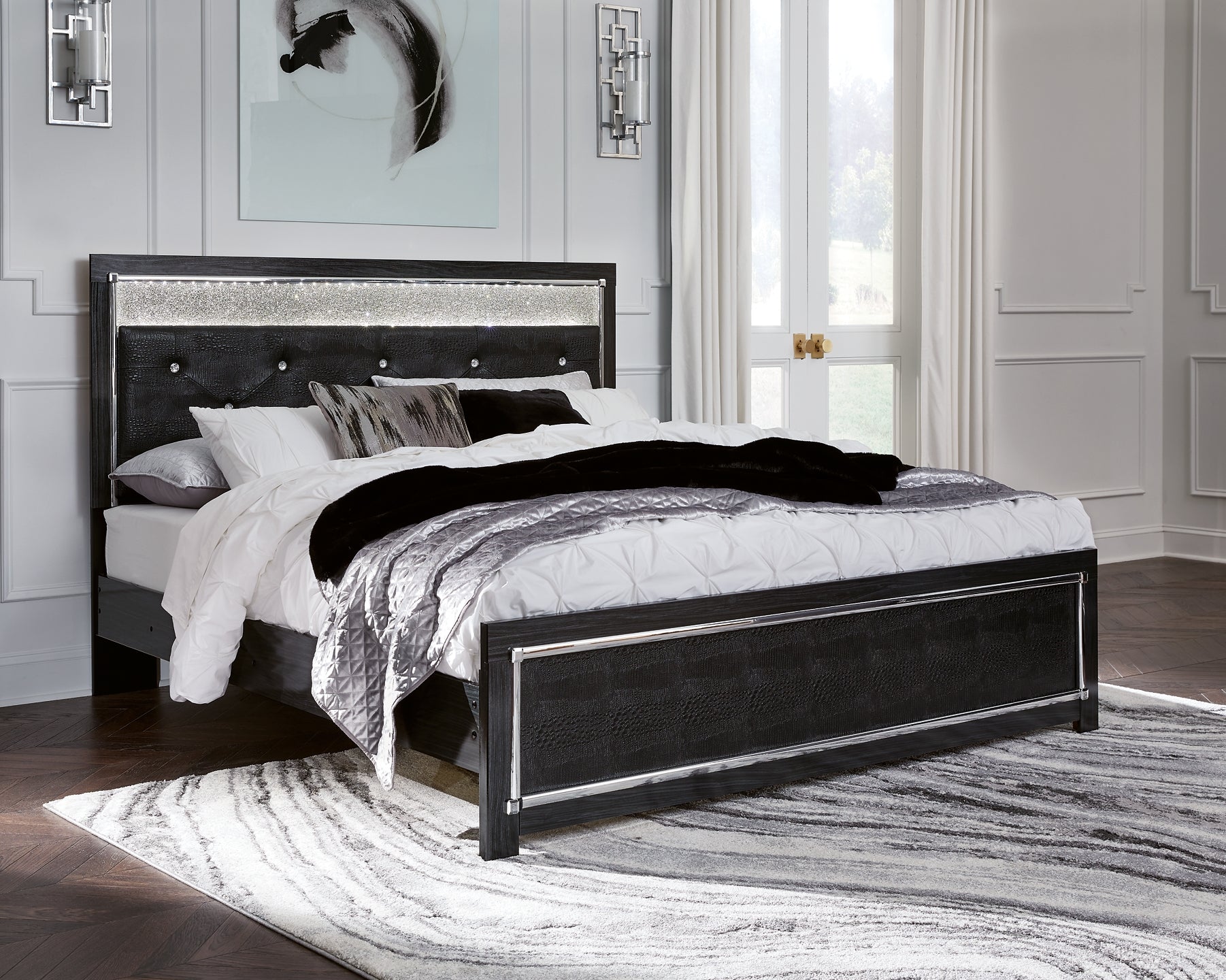 Kaydell King Upholstered Panel Platform Bed with Mirrored Dresser and Chest at Walker Mattress and Furniture Locations in Cedar Park and Belton TX.