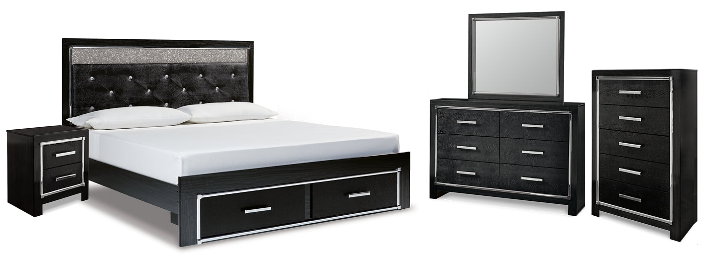 Kaydell King Upholstered Panel Storage Bed with Mirrored Dresser, Chest and Nightstand at Walker Mattress and Furniture Locations in Cedar Park and Belton TX.