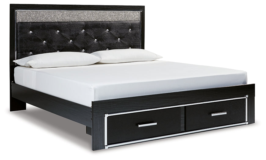 Kaydell King Upholstered Panel Storage Bed with Mirrored Dresser, Chest and Nightstand at Walker Mattress and Furniture Locations in Cedar Park and Belton TX.