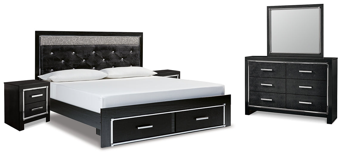 Kaydell King Upholstered Panel Storage Bed with Mirrored Dresser and 2 Nightstands at Walker Mattress and Furniture Locations in Cedar Park and Belton TX.